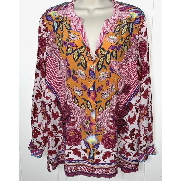 Hale Bob Silk Button‎ Up Shirt Blouse Artsy Boho Orange Pink Women's Small - Picture 1 of 6